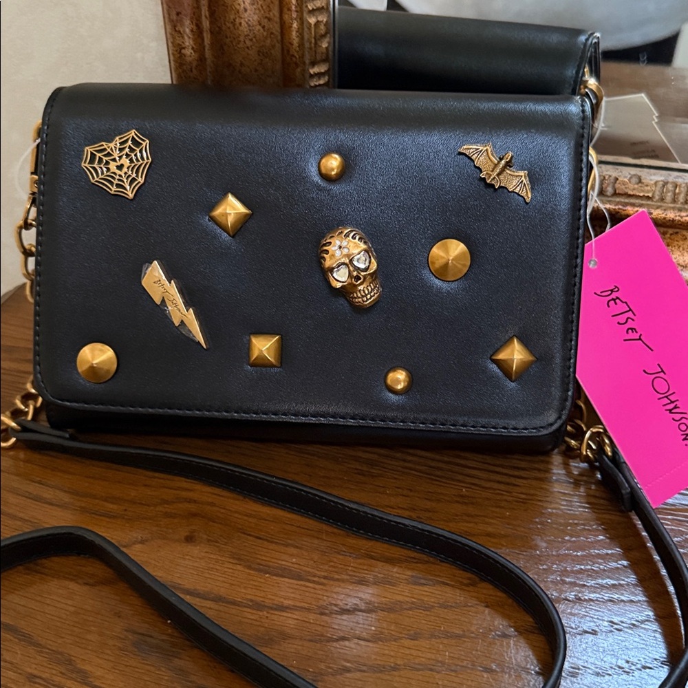 Black Betsy Johnson Designer Crossbody/clutch  Bag w/Gold Accent embellishments.